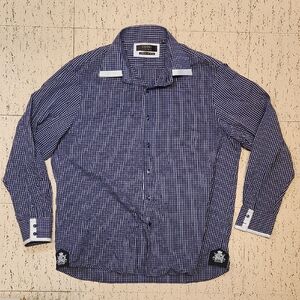 Coogi Luxe Blue & White Plaid Button Down Long Sleeve Dress Shirt Y2K